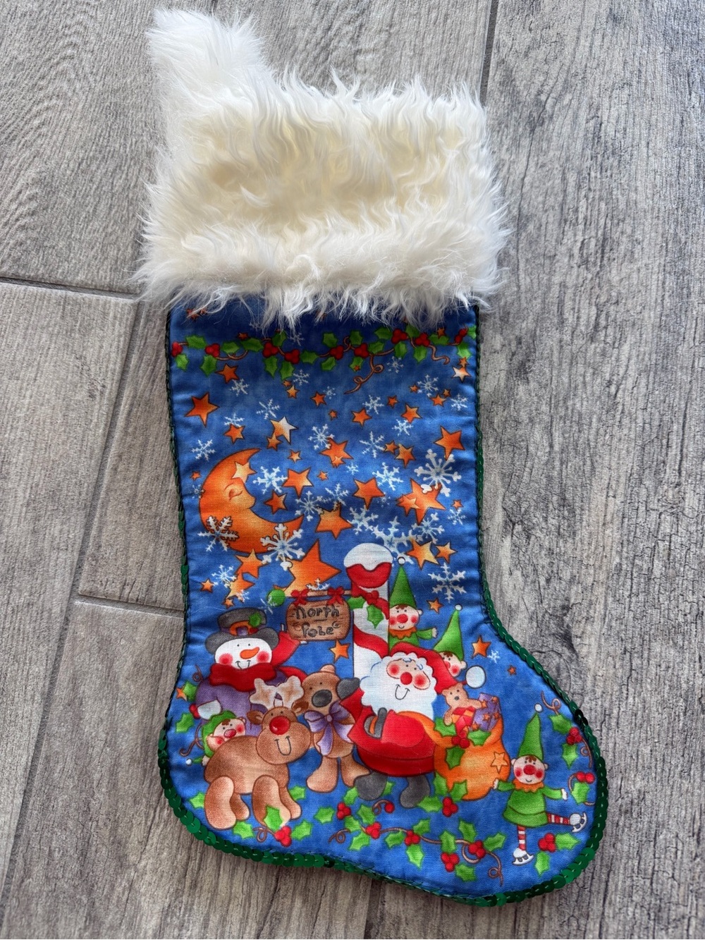 Handmade Mini Santa at North Pole Christmas Stocking with White Faux Fur Cuff